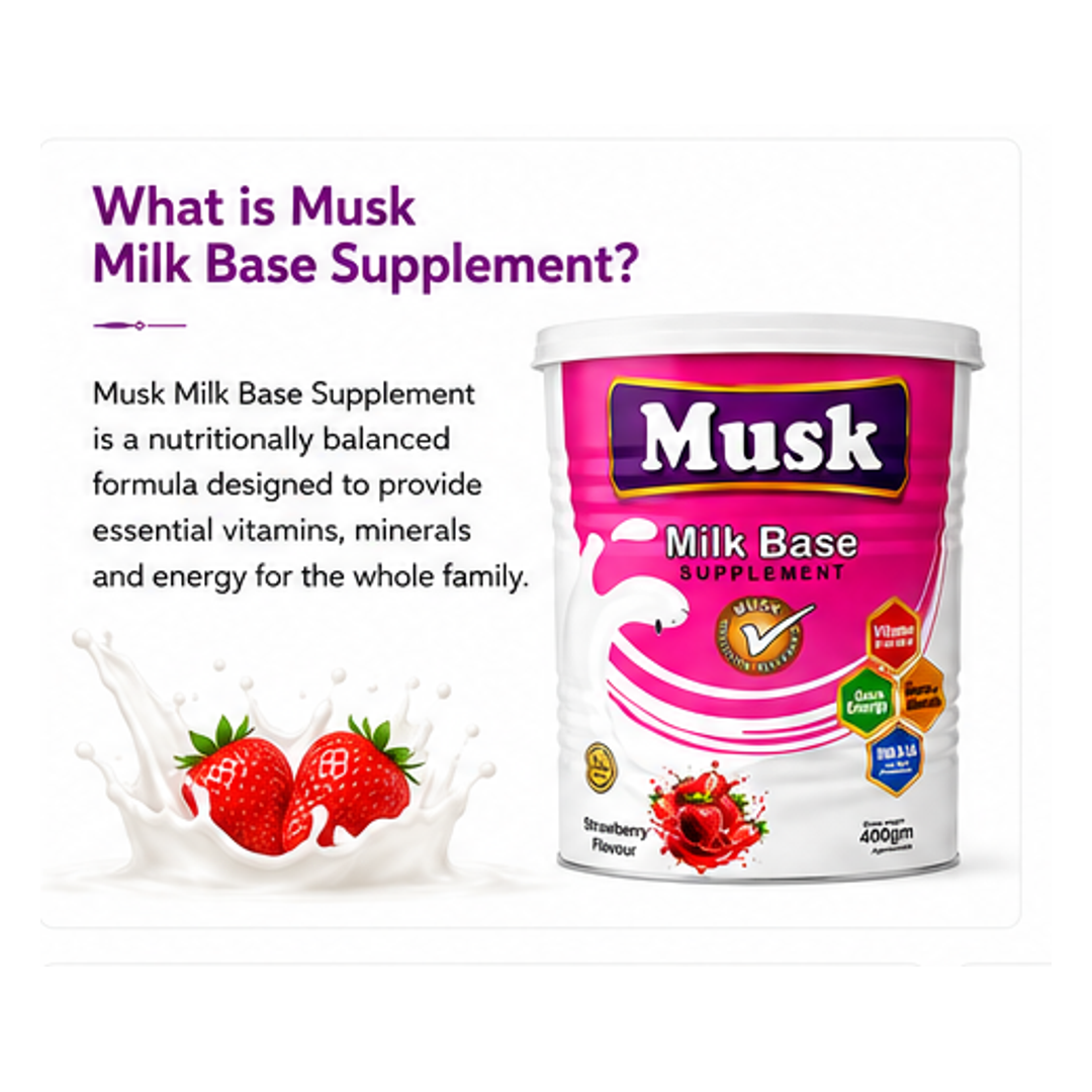 Musk Strawberry Flavour Milk Base Nutritional Supplement – Complete Daily Nutrition for Energy, Growth & Wellness