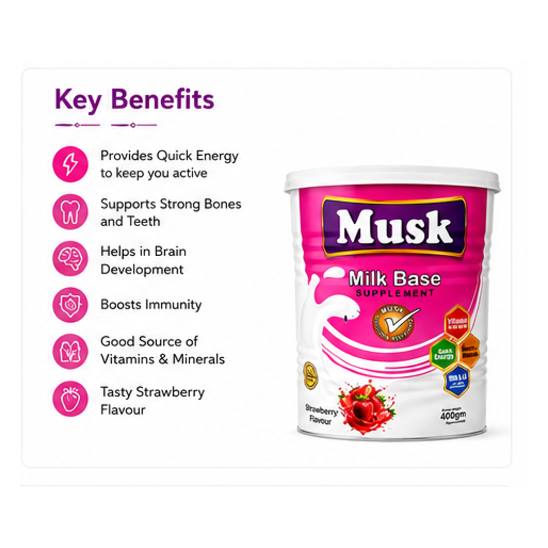 Musk Strawberry Flavour Milk Base Nutritional Supplement – Complete Daily Nutrition for Energy, Growth & Wellness