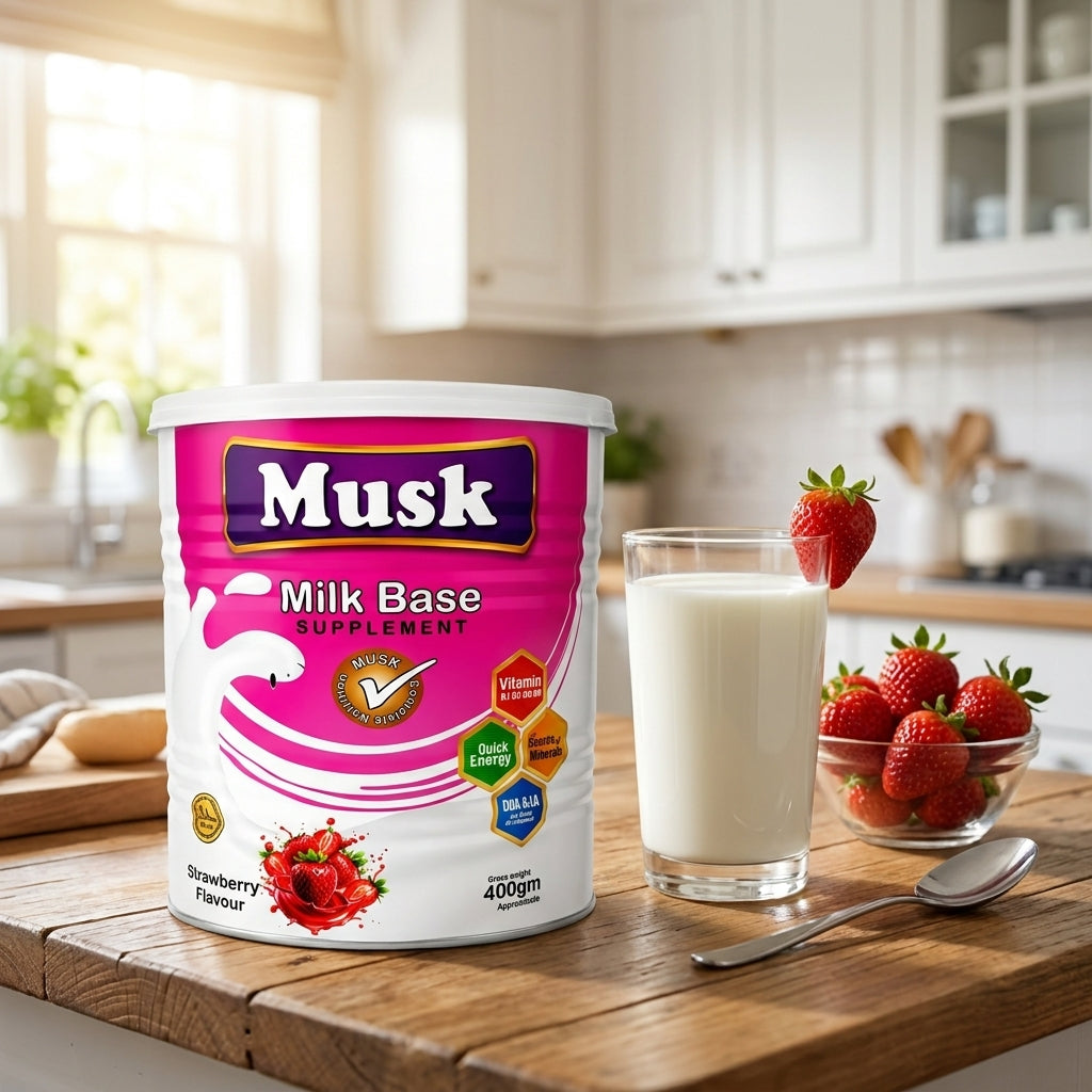 Musk Strawberry Flavour Milk Base Nutritional Supplement – Complete Daily Nutrition for Energy, Growth & Wellness